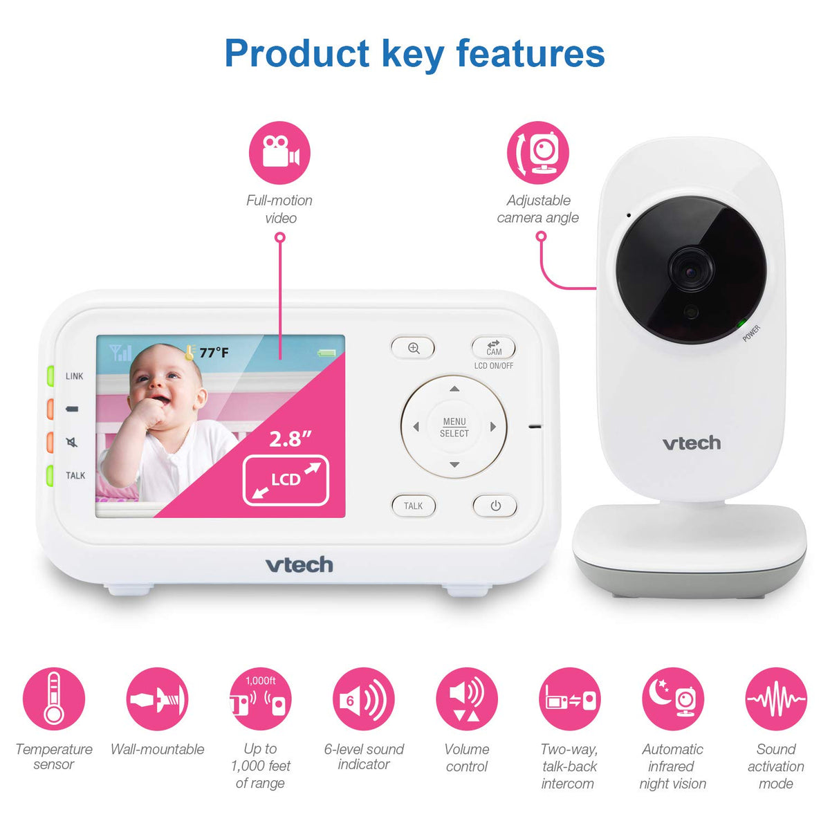 VTech Video Baby Monitor with 1000ft Long Range, Auto Night Vision, 2.8” Screen, 2-Way Audio Talk