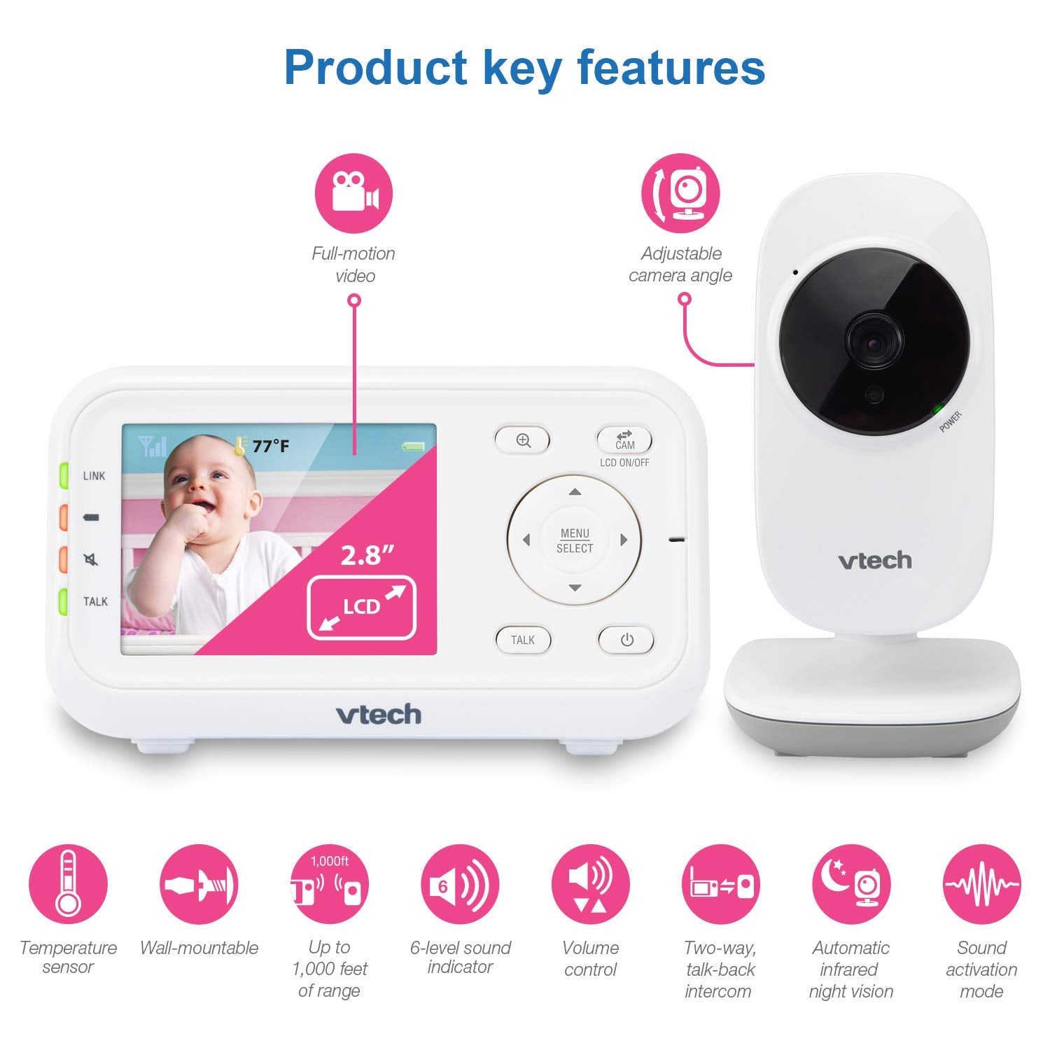 VTech Video Baby Monitor with 1000ft Long Range, Auto Night Vision, 2.8” Screen, 2-Way Audio Talk
