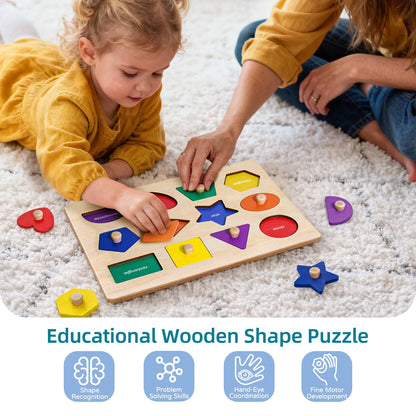 Wooden Shape Peg Puzzle Board, Educational Geometric Learning Board with Knobs, Multicolor Basic