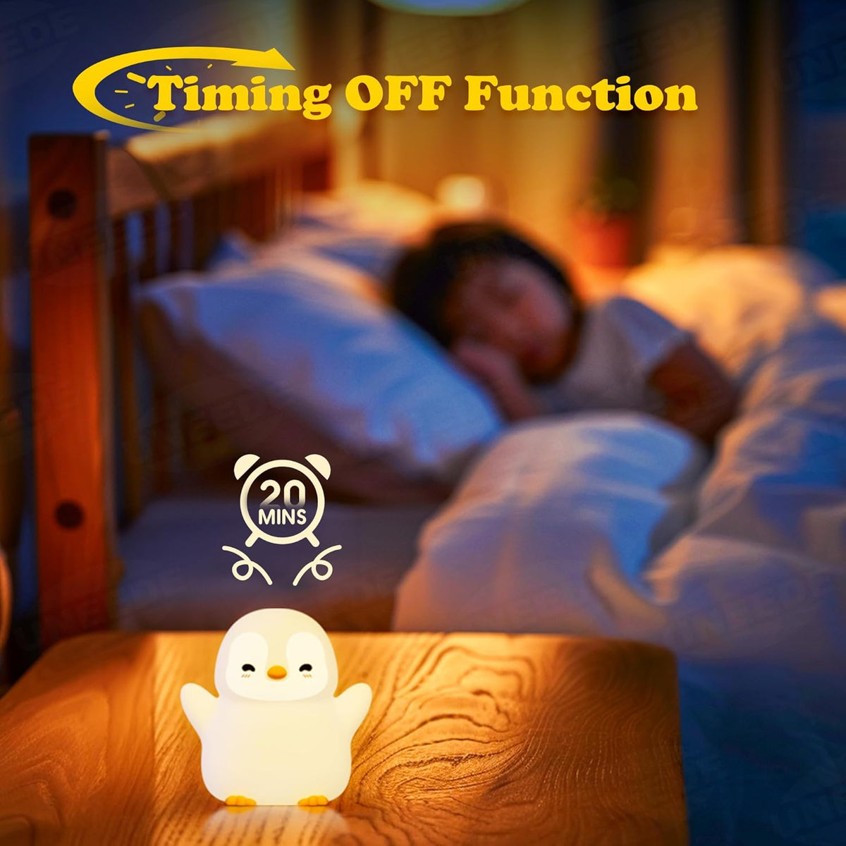 UNEEDE Standing Penguin Night Light with Detachable Bunny Hat - Rechargeable Silicone Touch Lamp