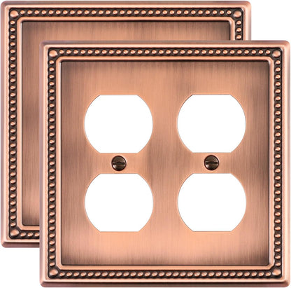 2-Pack Double Duplex Outlet Cover, Metal Switch Plates and Outlet Covers, Antique Copper Pearls