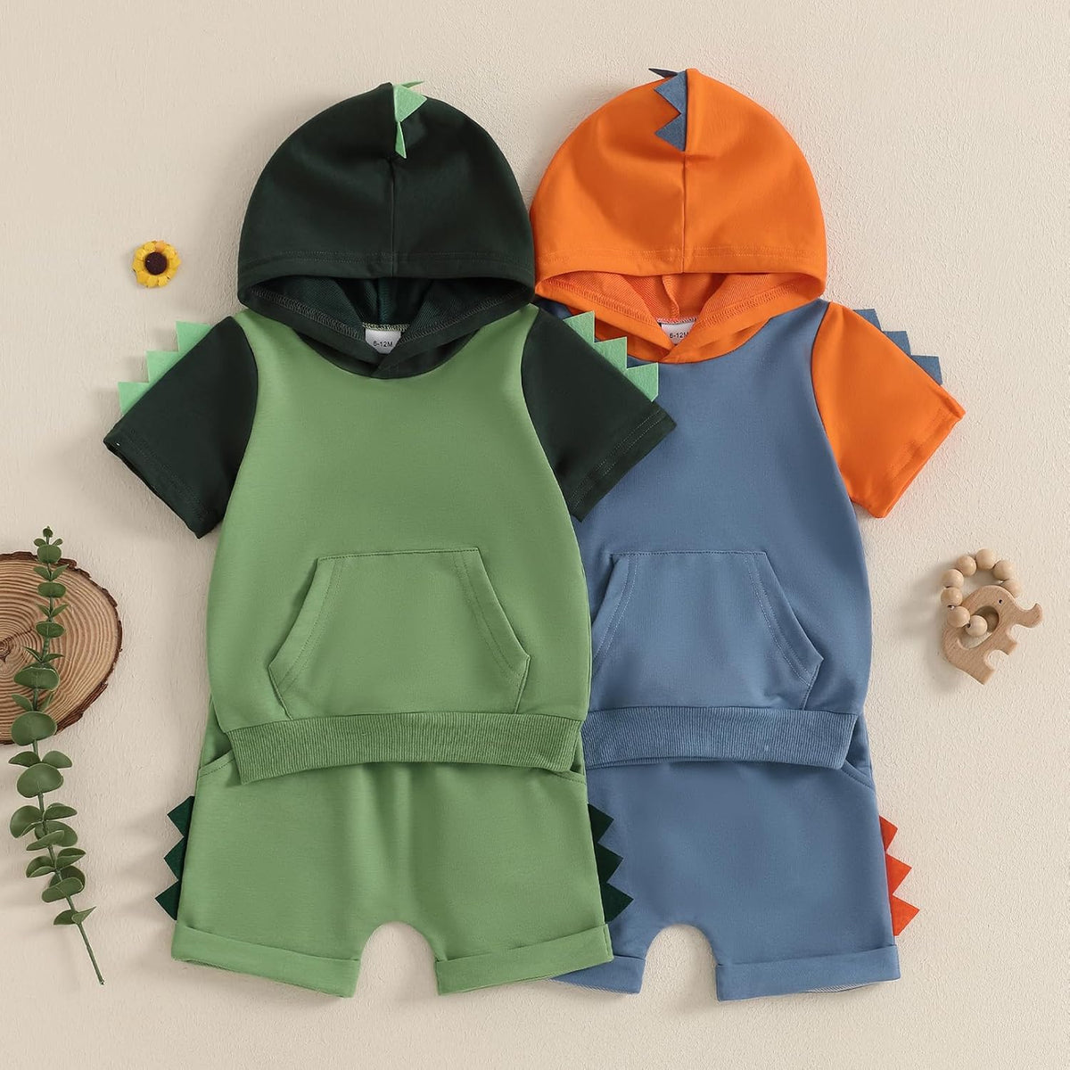 Toddler Baby Boy Summer Hooded Outfit Contrast Color Short Sleeve T Shirt Top Elastic Shorts Summer