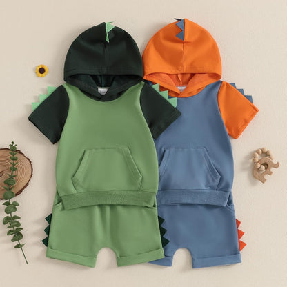 Toddler Baby Boy Summer Hooded Outfit Contrast Color Short Sleeve T Shirt Top Elastic Shorts Summer
