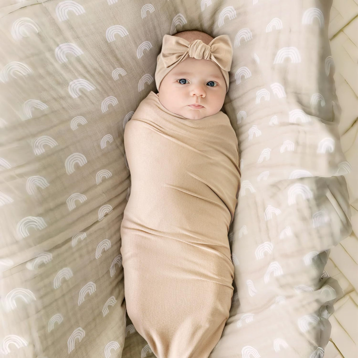 GRSSDER Newborn Swaddle Blanket, Ultra Soft Jersey Receiving Blanket with Matching Headband and