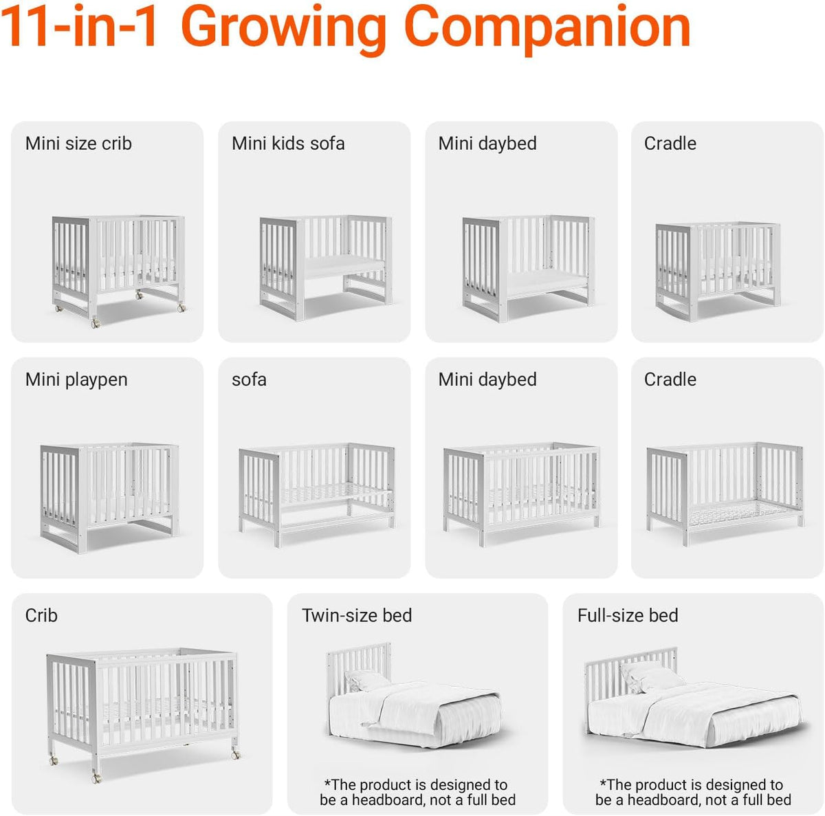 EvoNest Baby Crib, 11 in 1 Convertible Mini Crib with Wheels, 100% New Zealand Wood Growing Bed, 4