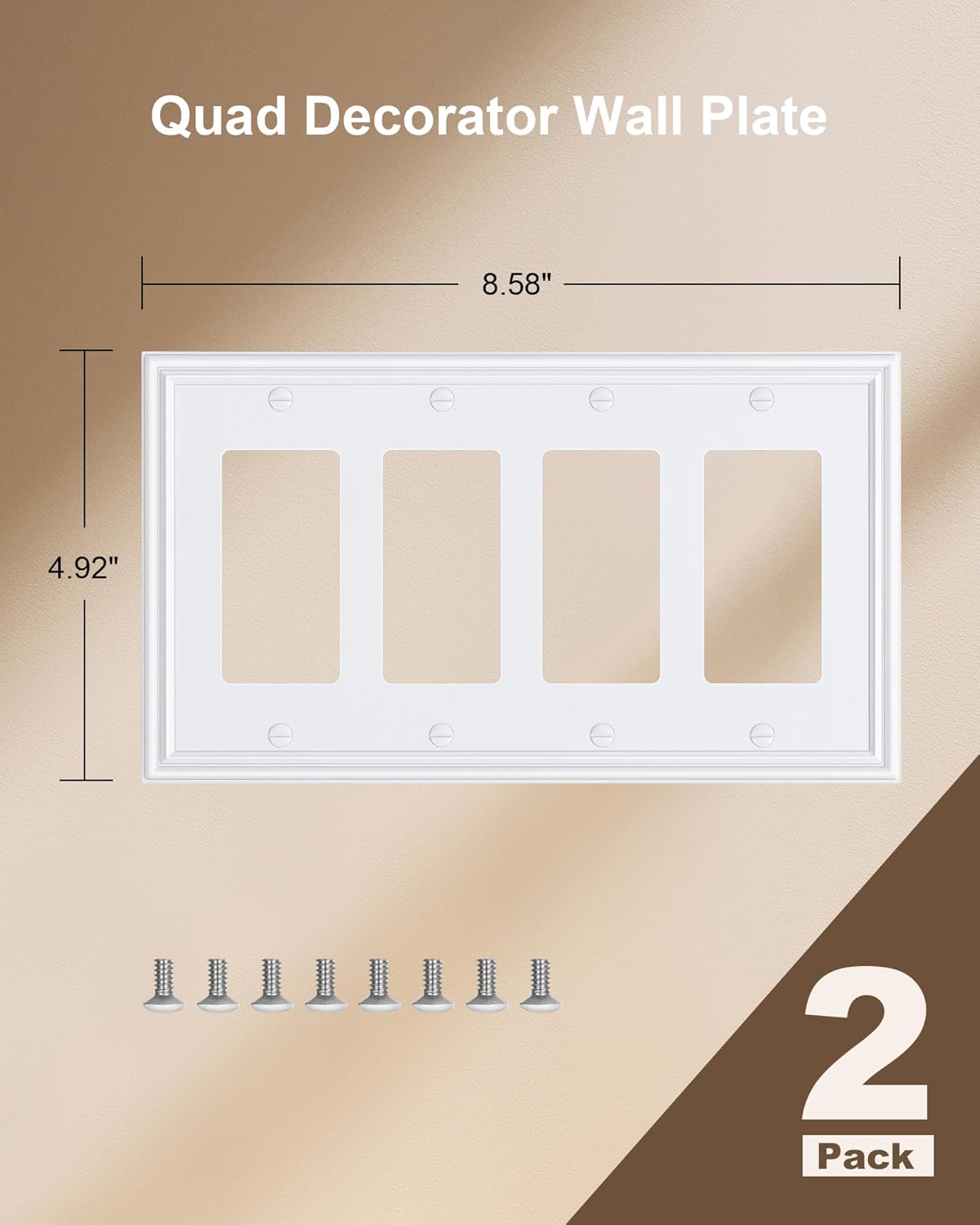 2-Pack Quad Decorator Outlet Cover Plate, Zinc Alloy Decorative Pure White Switch Plates and Outlet