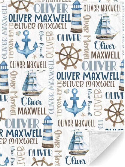 Personalized Baby Blanket for Boys, Custom Baby Blanket with Name, Nautical Blanket Sailboat Anchor
