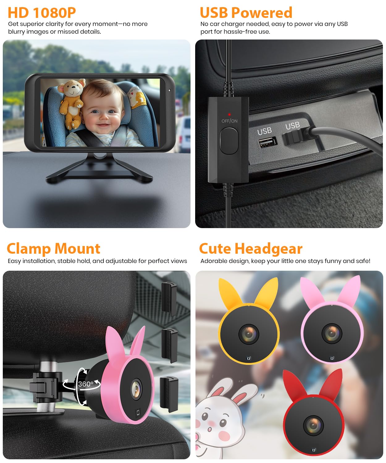 BV2 USB Baby Car Camera: 4.5" 1080P Car Seat Camera with IR Night Vision & Shockproof Clip