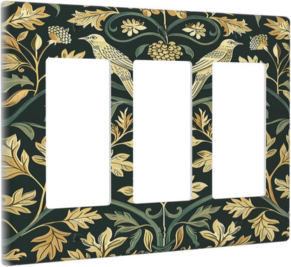 Light Switch Covers William Morris Vintage Botanical Birds Golden Green Leaves 3 Gang Rocker