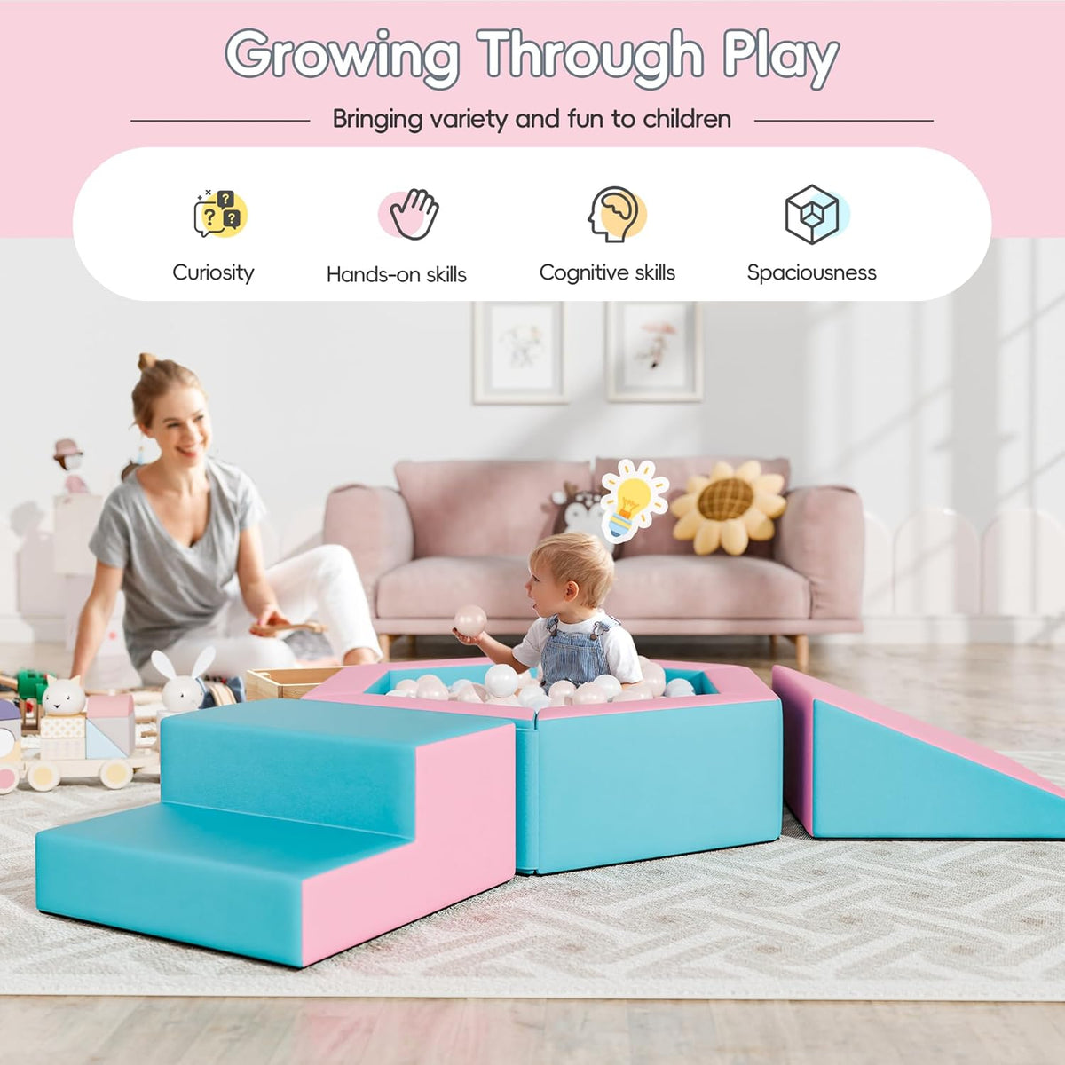 Foam Climbing Blocks for Girls Toddlers,Pink Soft Play Set Ball Pit,Climb & Crawl Foam Playset for
