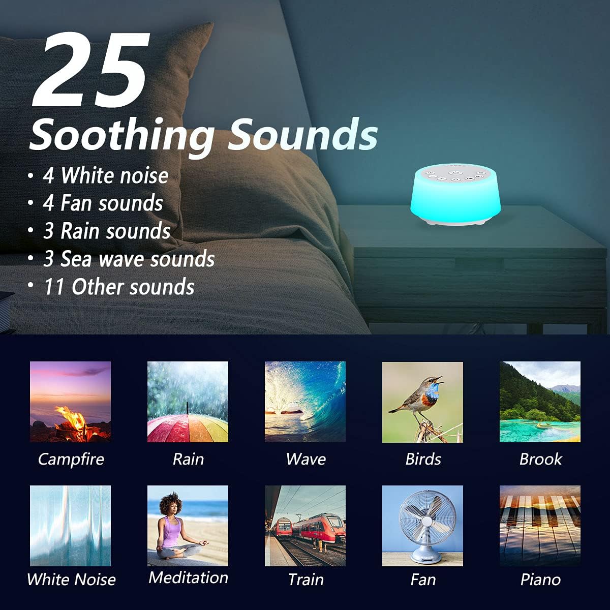 Color Noise Sound Machines with 10 Colors Night Light 25 Soothing Sounds and Sleep White Noise