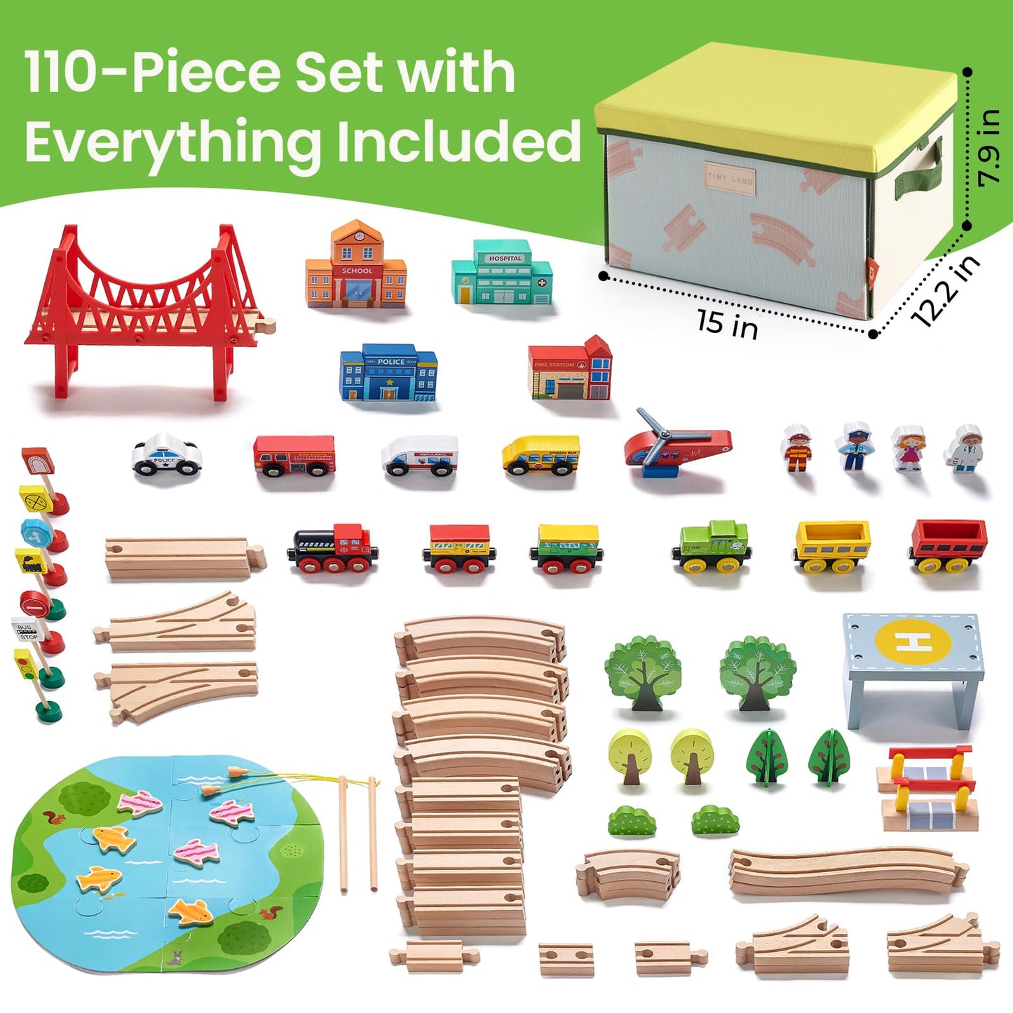 Tiny Land 110pcs Wooden Train Set with Folding Storage Box
