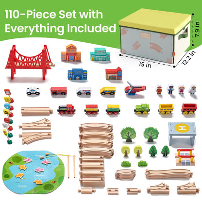 Tiny Land 110pcs Wooden Train Set with Folding Storage Box