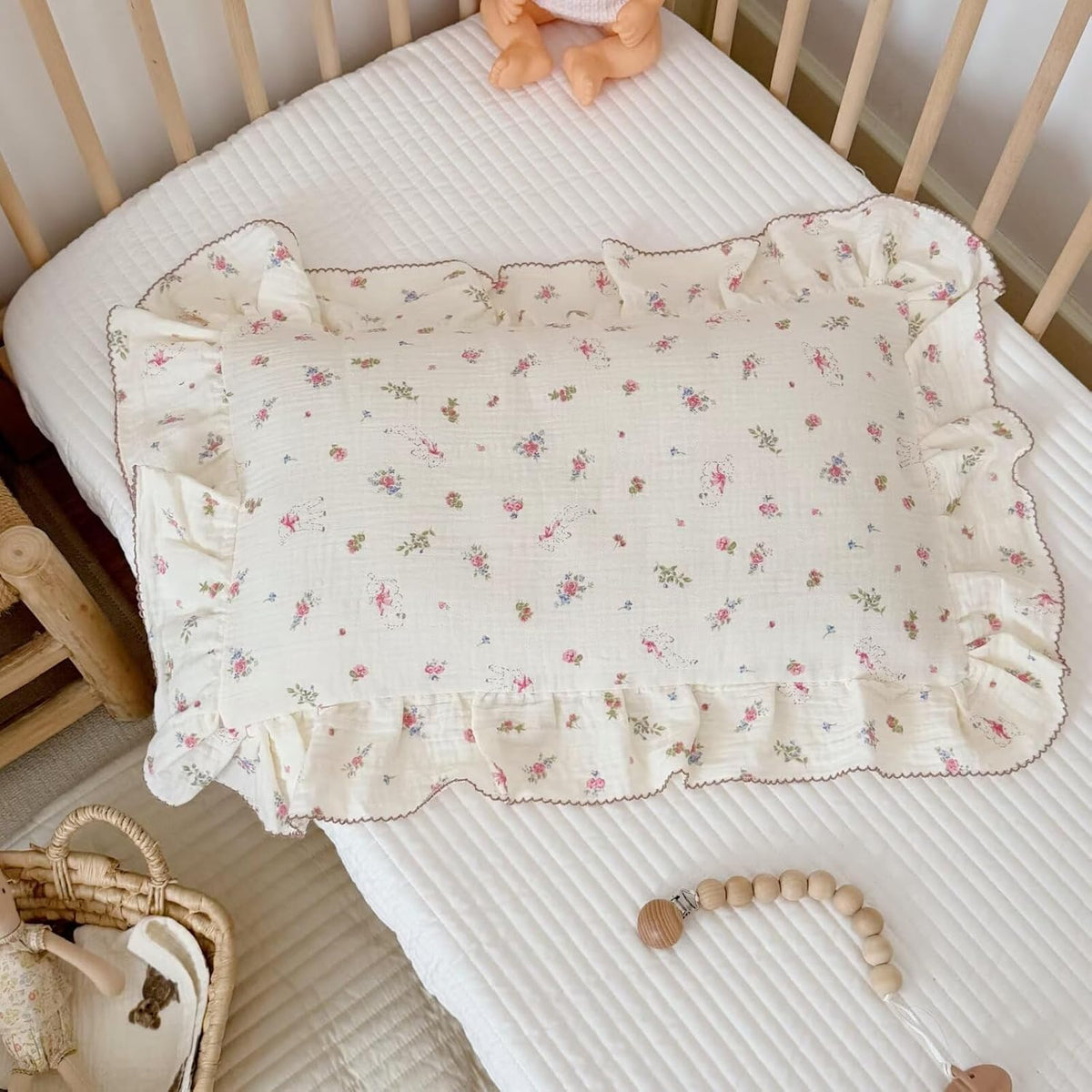 BuLuTu 2 Layers Muslin Cotton Toddler Pillowcase, 1 pc, 14"x20", Cute Pink Flower with Sheep