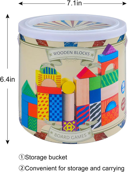 Wooden Building Blocks for Toddlers 1-3, Montessori Shape Sorting & Stacking Toys, 50 Pcs Colored
