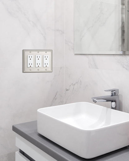 2-Pack Triple Decorator Outlet Cover Plate, Brushed Nickel Pearls Decorative Switch Plates and