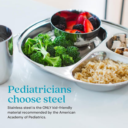 Ahimsa Stainless Steel Kids Dinnerware Set - 5 Piece Toddler Plates and Bowls Set, Pediatrician