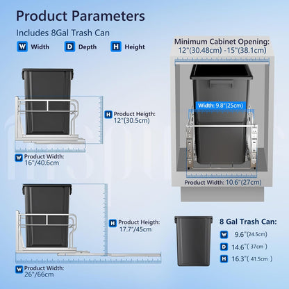 Insputer 8 Gal Pull Out Trash Can Under Cabinet, Heavy Duty Under Sink Garbage Can Kit with