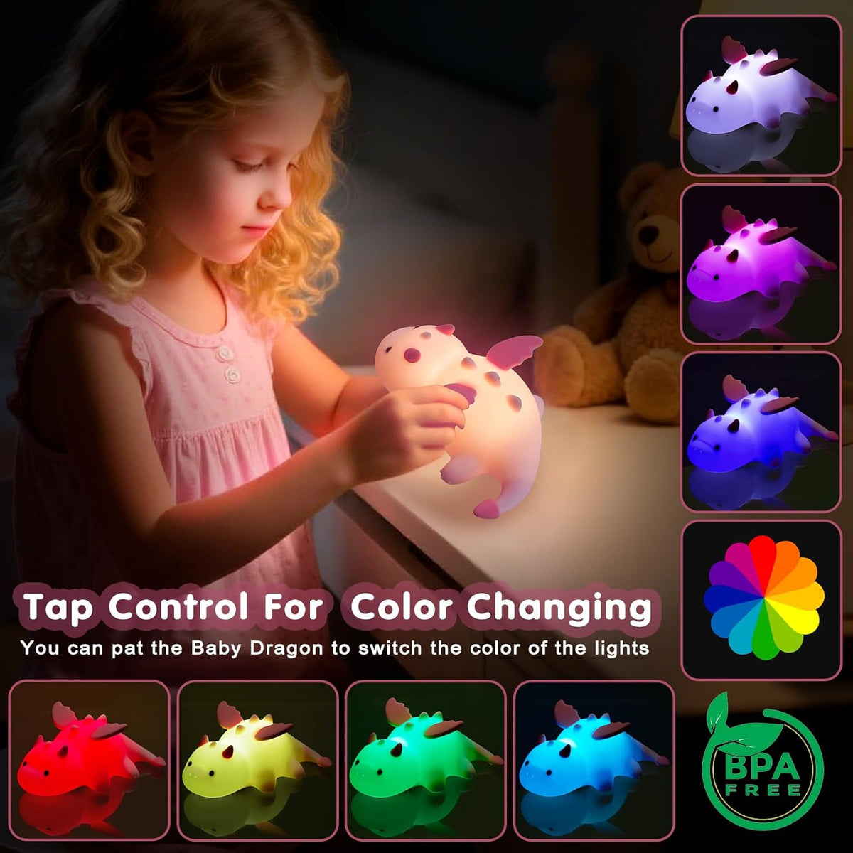 Cute Baby Dragon Kids Night Light for Kids,Cute Soft Silicone Lamp 3 Level Dimmable Changing