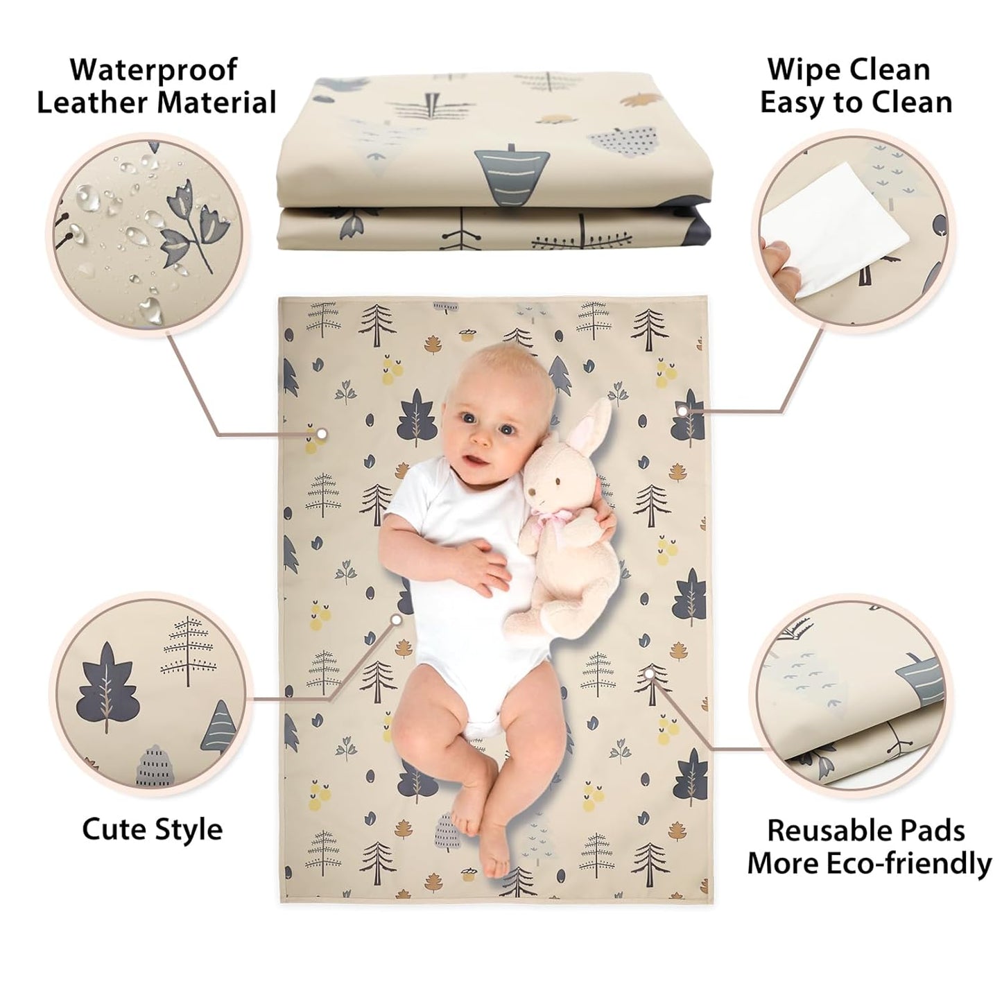 Vegan Leather Baby Changing Mat - Wipeable Portable Changing Pad, Foldable Travel Changing Mat for