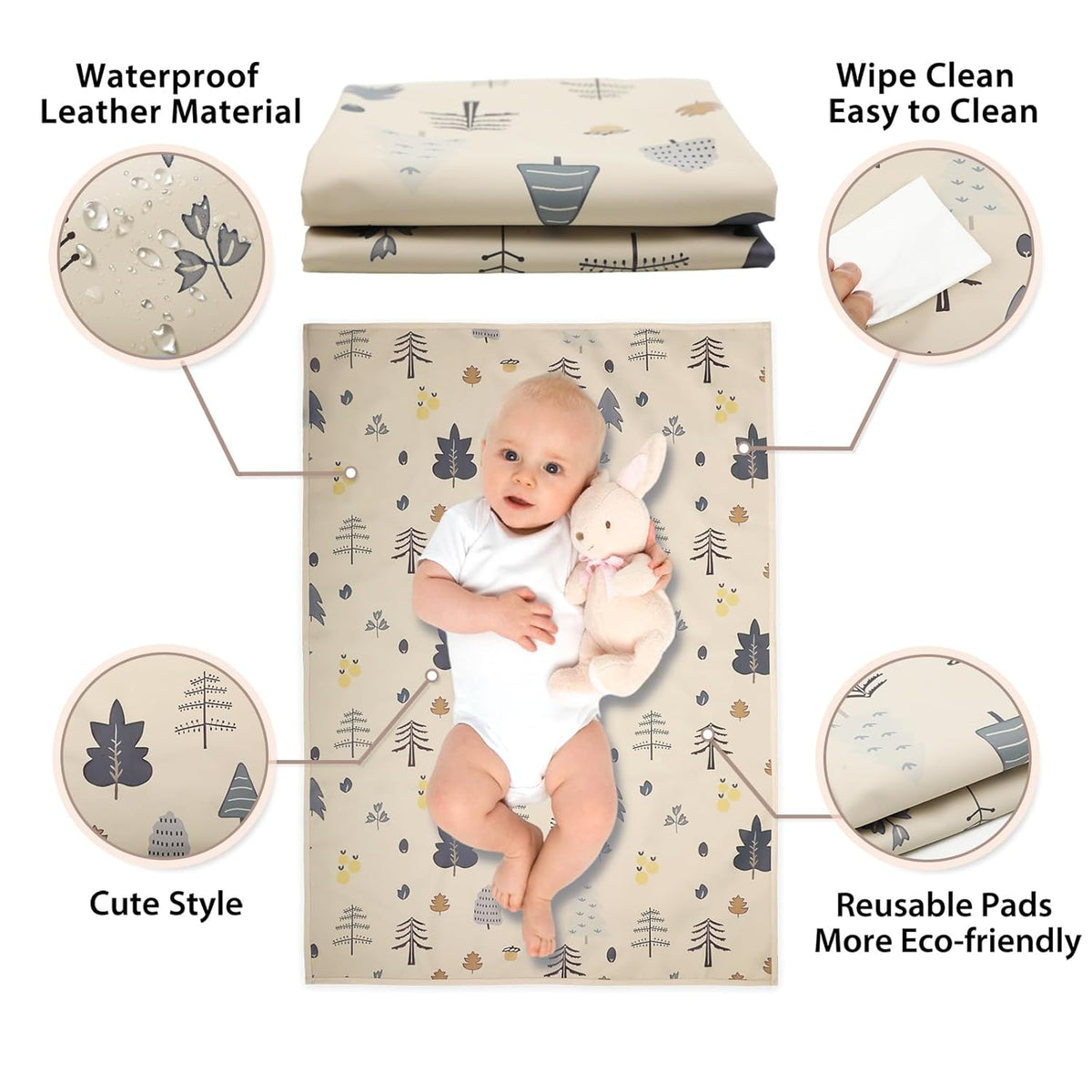 Vegan Leather Baby Changing Mat - Wipeable Portable Changing Pad, Foldable Travel Changing Mat for