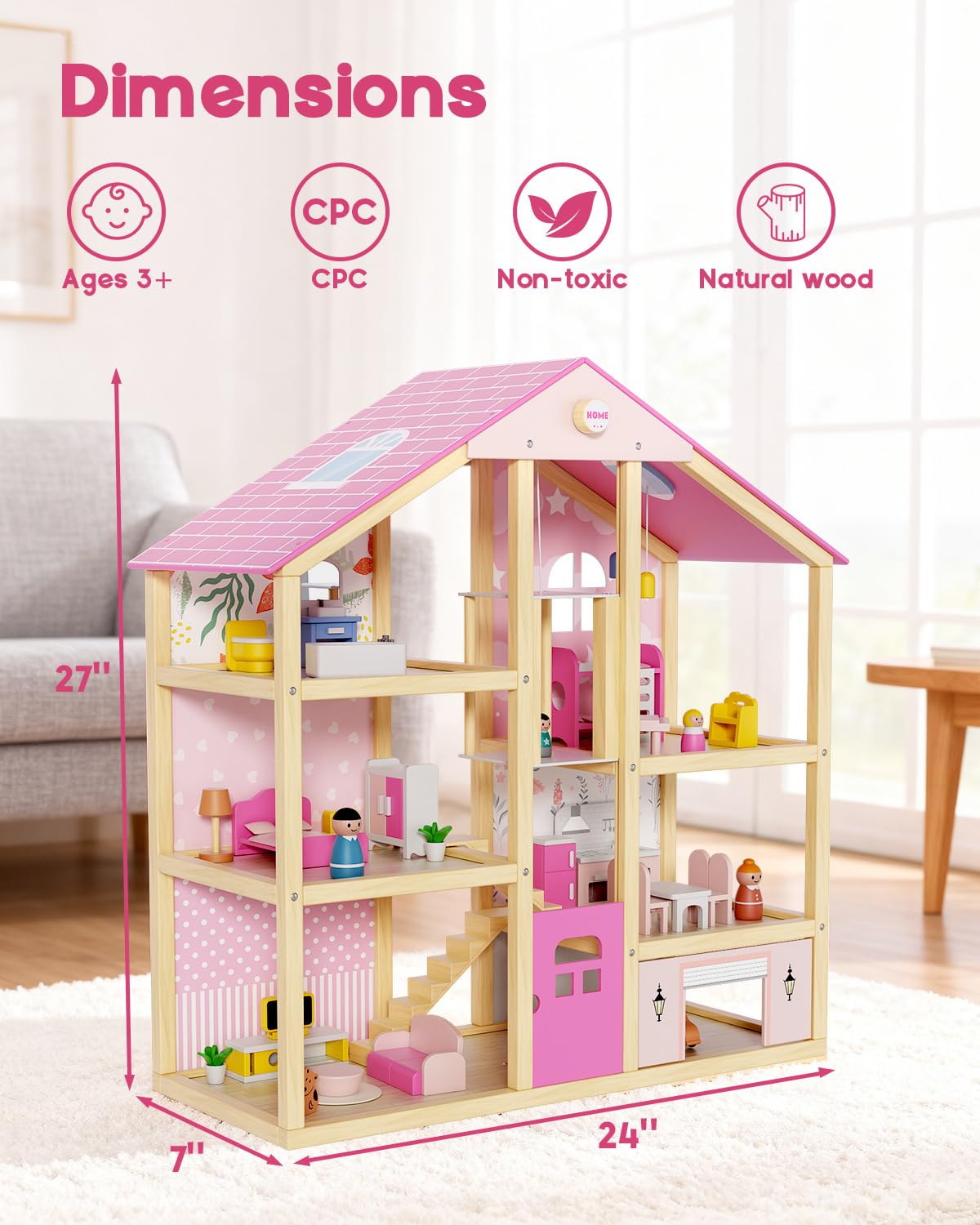 BIERUM Wooden Dollhouse for Girls, Doll House with 5 Rooms Play Toys, Pink