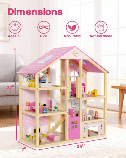 BIERUM Wooden Dollhouse for Girls, Doll House with 5 Rooms Play Toys, Pink