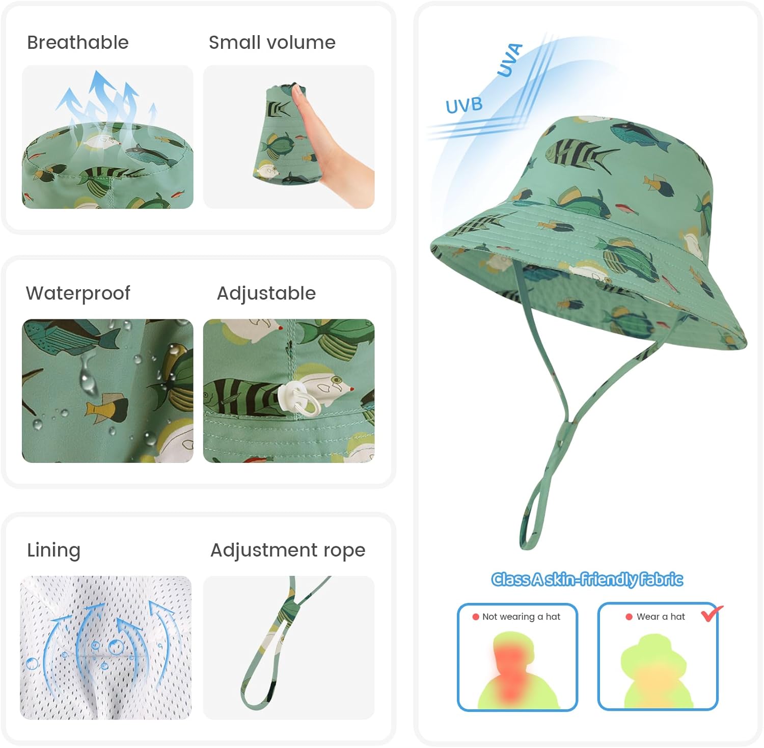 Baby Sun Hat 0-6 Years Toddler Boys Girls Adjustable Bucket Hats Kids Bucket Hats UPF 50+ Wide Brim