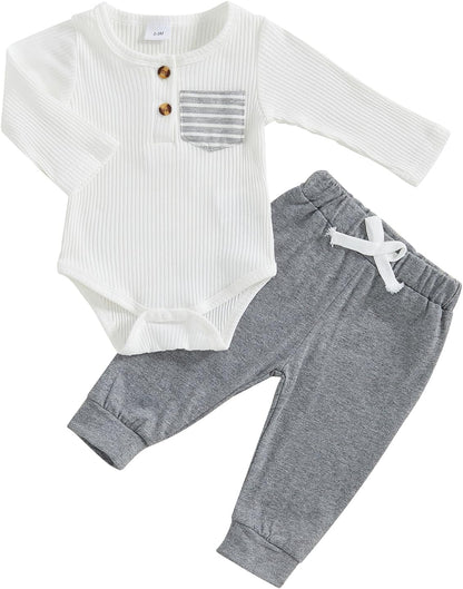 fhutpw Baby Boy Clothes 3 6 12 18 Months Ribbed Knitted Long Sleeve Romper and Pants Sets Newborn