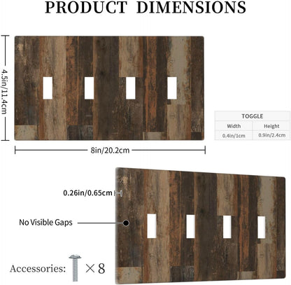 Rustic Brown Wood Grain Dark Oak Light Switch Covers Quad Toggle Electrical Faceplate 4 Gang Wall