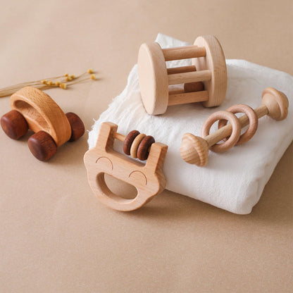 Wooden Baby Rattle Set, Newborn Wooden Rattle Toy, Natural Wooden Montessori Baby Grip Toy, Baby