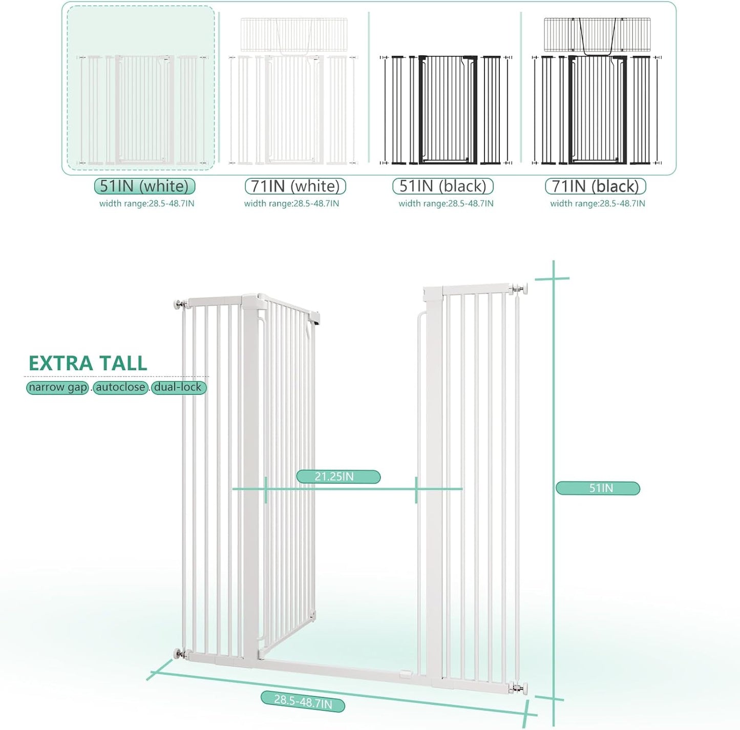 51" Extra Tall Cat Gate 28.5"-48.7" Wide, Auto Close, Pressure Mounted, for Cats & Small Dogs