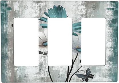 Light Switch Covers Rustic Teal Daisy Floral Flowers Butterfly Wood Grain 3 Gang Rocker Electrical