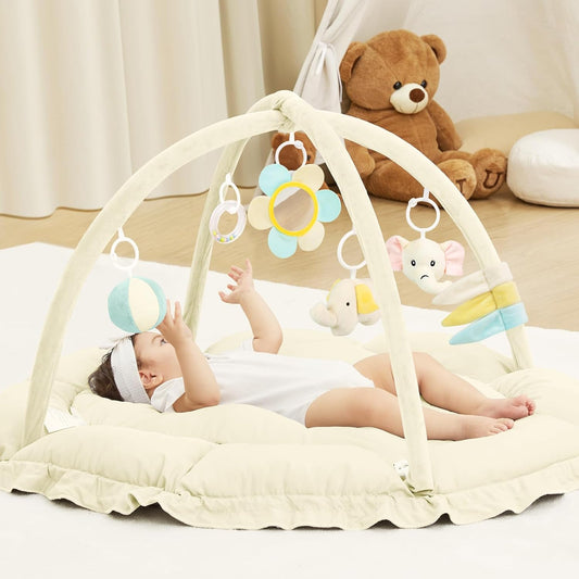 ANGELBLISS 5 in 1 Baby Play Gym Mat, Reversible Tummy Time Mat with 5 Sensory Toys for Stage-Based