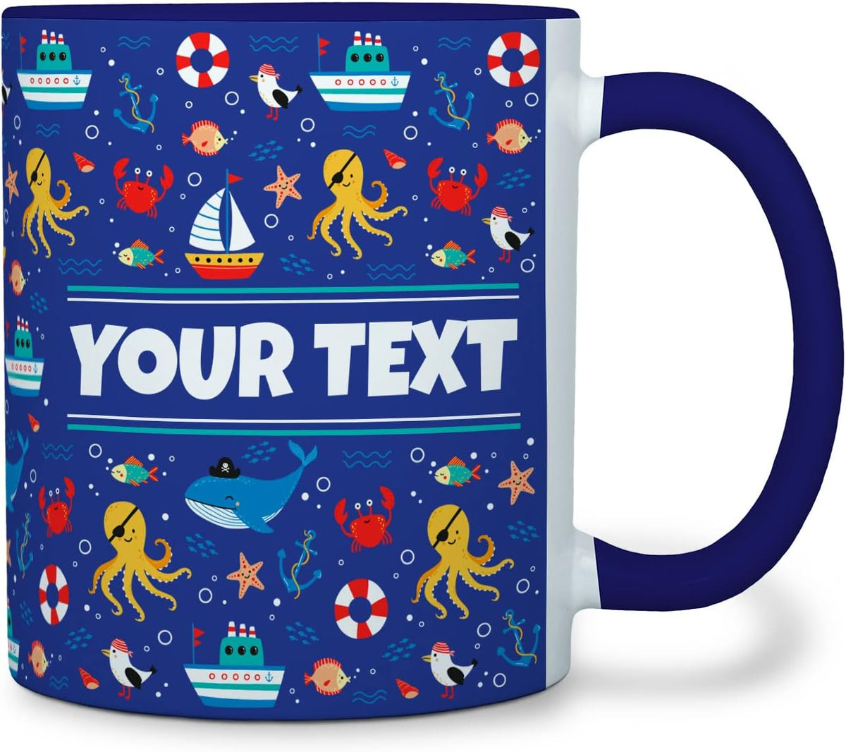 Personalized Mug for Kids - Nautical - Custom Name/Text, Ceramic Hot Chocolate/Cocoa/Coffee Cup for