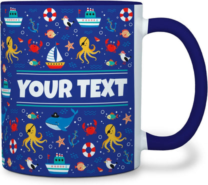 Personalized Mug for Kids - Nautical - Custom Name/Text, Ceramic Hot Chocolate/Cocoa/Coffee Cup for