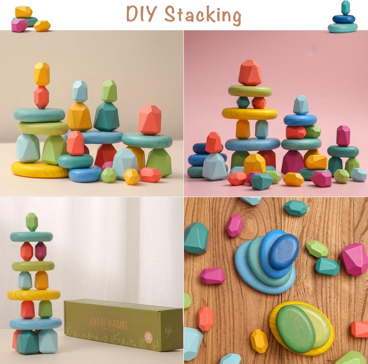 OESSUF Stacking Rocks 26Pcs Stacking Blocks Balancing Stones Wooden Building Toys Wood Stone