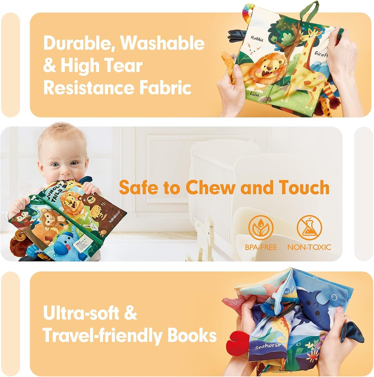 hahaland Baby Toys 0-6 Months - Crinkle Books for Babies 2PCS, Cloth Texture Tails Sensory Book