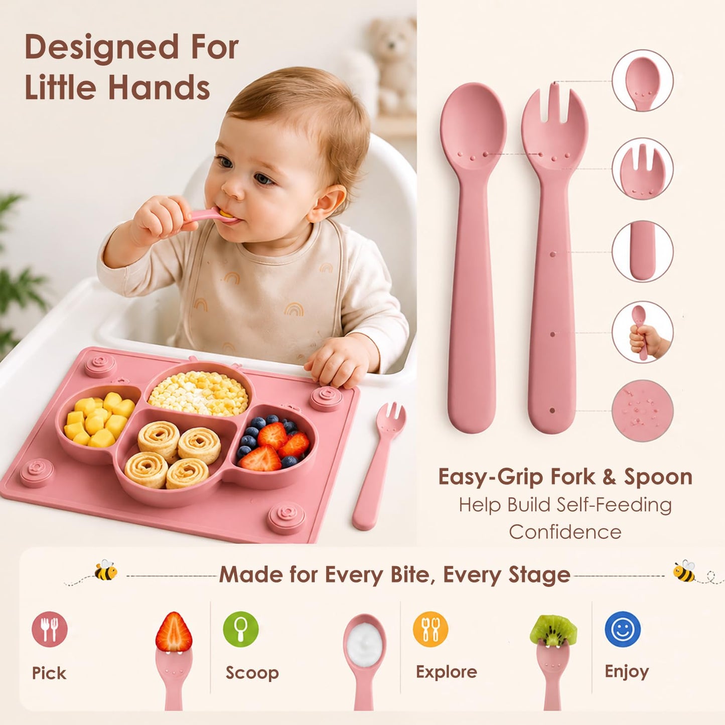 ROCCED Suction Plates for Baby Placemat Spoon Fork Set for Toddlers, Silicone Baby Plates with