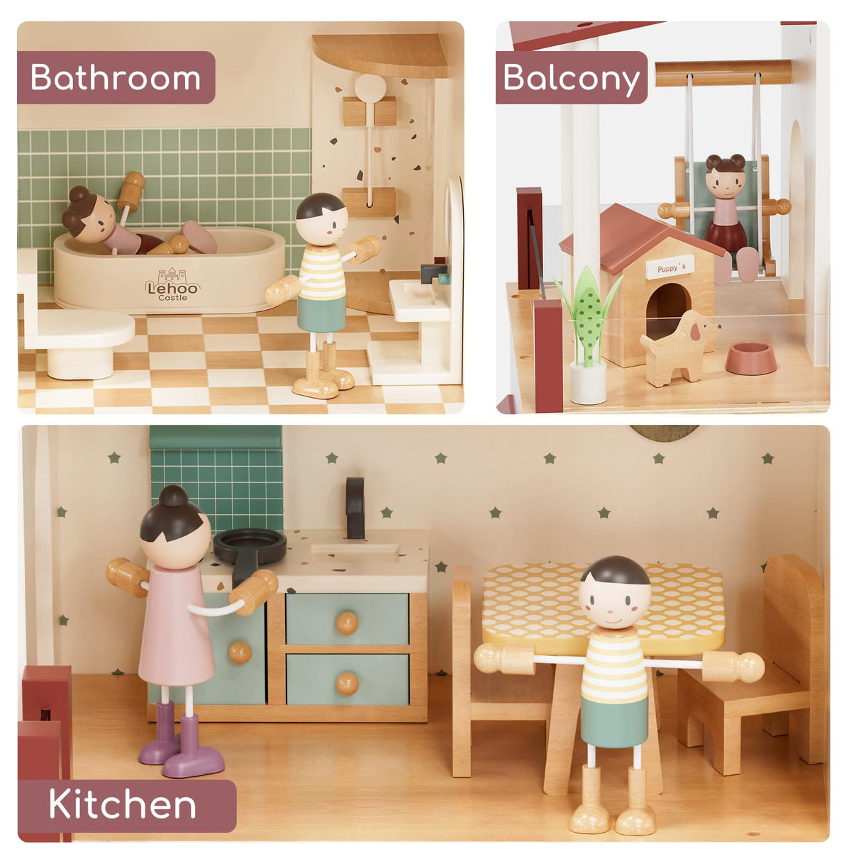 Lehoo Castle Wooden Dollhouse for Girls, Doll House with 5 Rooms DIY Play