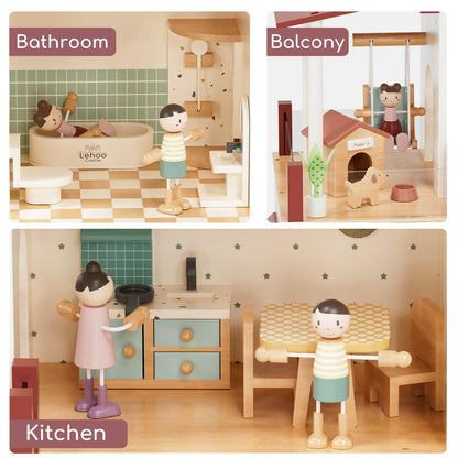Lehoo Castle Wooden Dollhouse for Girls, Doll House with 5 Rooms DIY Play