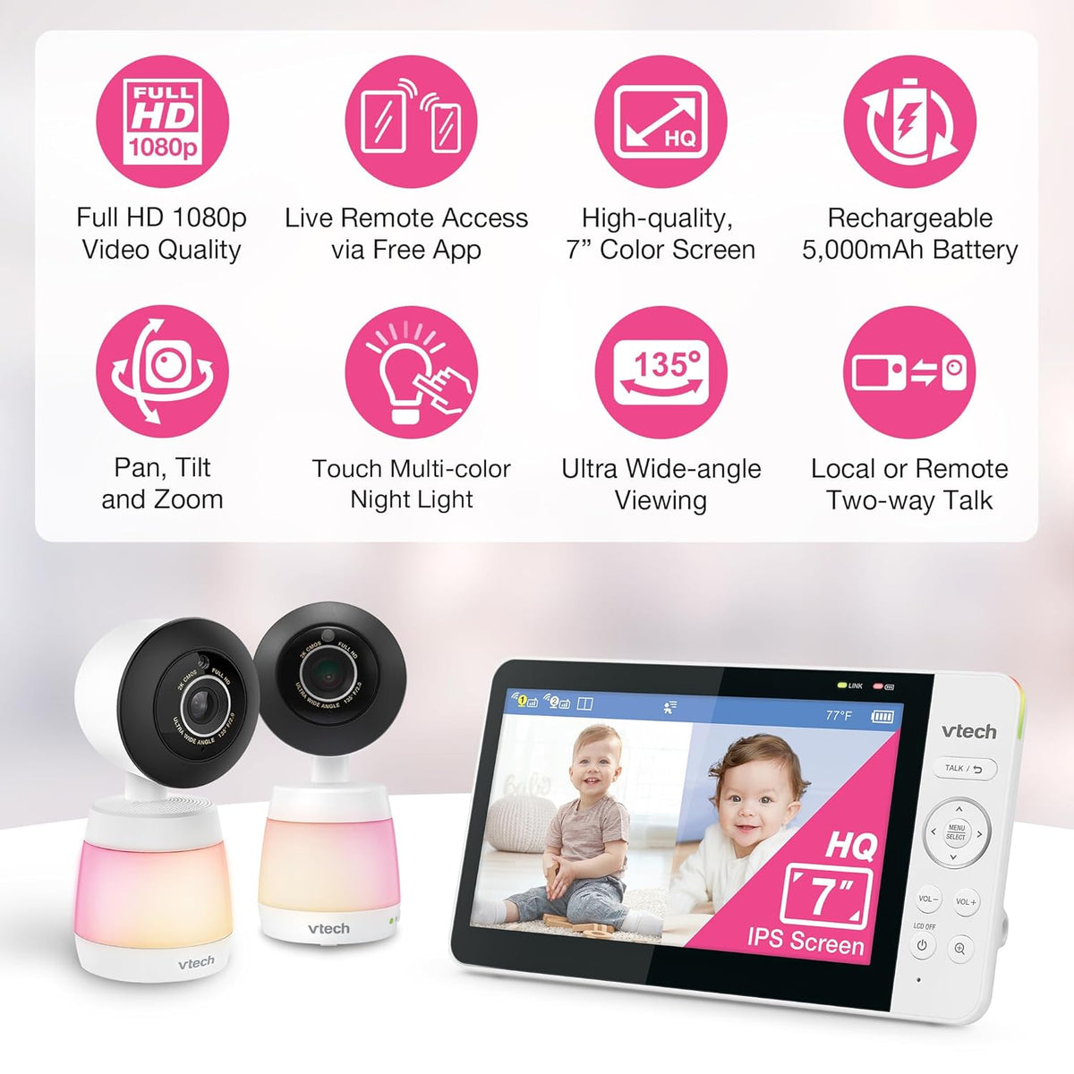 VTech 2-Cameras Smart WiFi Baby Monitor with 1080p FHD Video, Free App with Motion Video