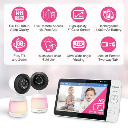 VTech 2-Cameras Smart WiFi Baby Monitor with 1080p FHD Video, Free App with Motion Video