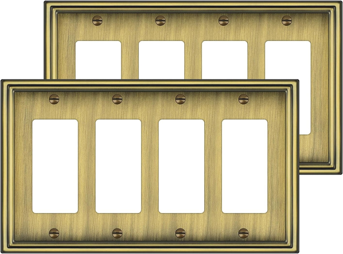 2 Pack Quad Decorator Switch Covers Wall Plate, Antique Brass Metal Material Rocker Switch Plates