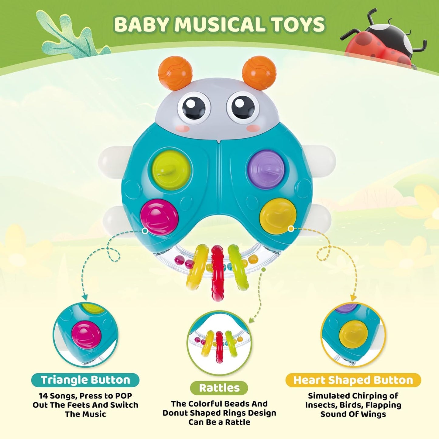 Ladybug Baby Light Up Toys with Rattle Led Light Music, Interactive Educational Fine Motor