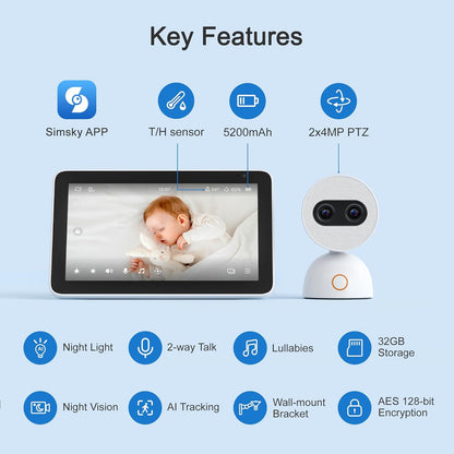 Simsky Video Baby Monitor with 2× 4MP Camera, 7" HD Touch Screen WiFi Smart Audio Monitor, 6X