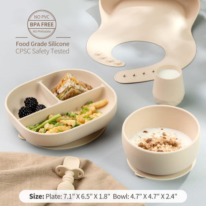 SAMiGO Silicone Baby Feeding Set, Suction Plate Bowl Set, Self Feeding Spoons, Bib, Cup, Baby Led