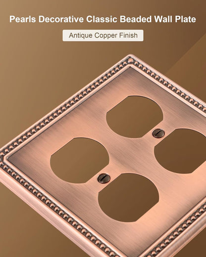 2-Pack Double Duplex Outlet Cover, Metal Switch Plates and Outlet Covers, Antique Copper Pearls