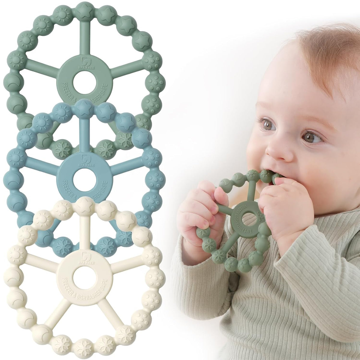 3 Pack Ring Teether Baby Infant Toys, Baby Essentials, Silicone Teething Ring Toys for Babies 0-6