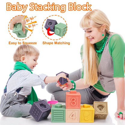 Qirptey Montessori Baby Toy,Stacking Cups Blocks Sensory Bin Teething Toys